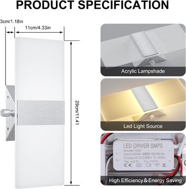 LED настінне освітлення ChangM 2 шт. 12W з вимикачем, диммер, акрил, тепле світло 2700K для дому, вітальні, спальні, сходи, коридору