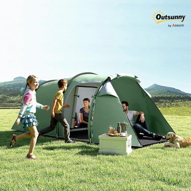Намет Outsunny Tunnel для 2-3 осіб, сімейний водонепроникний кемпінговий намет з тамбуром, гачками для ліхтарів, водовідштовхуваність 2000 мм, темно-зелений