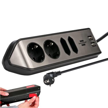 Бренненштуль Estilo Розподільний блок розеток у кут 4-fach (настільна мережа з поверхнею з нержавіючої сталі для кухні та офісу, з 2 розетками з заземленням, 2 розетками Євро, з USB-функцією зарядки) (USB A, срібно/чорний)