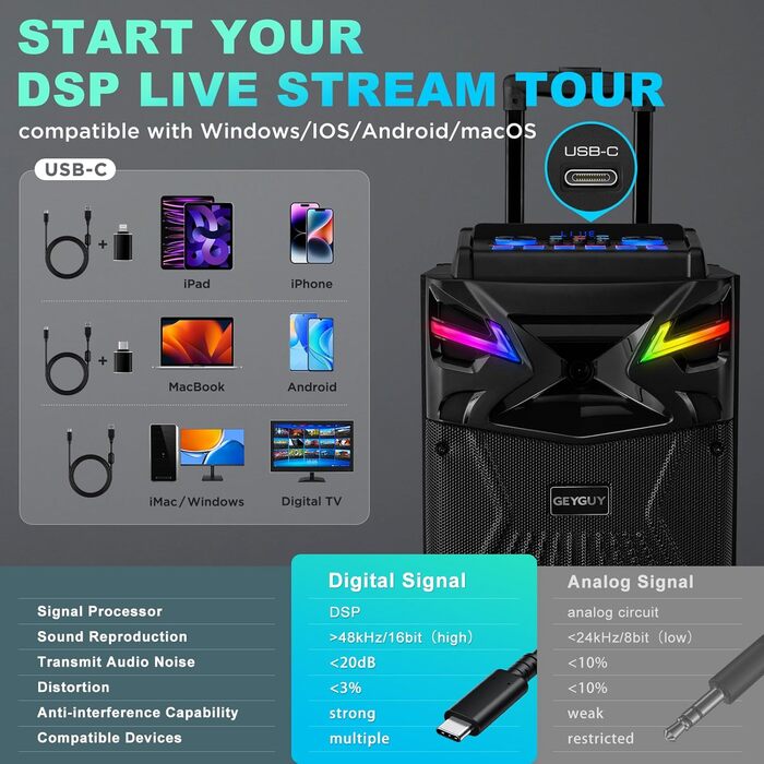 Bluetooth Караоке Машина DSP з 2 Мікрофонами та 2 × 10” Динаміками, Портативна PA-система для Дорослих та Дітей, USB-C Запис, Ефекти DJ, FM, Підтримка TV/Проектора GTSK210-1