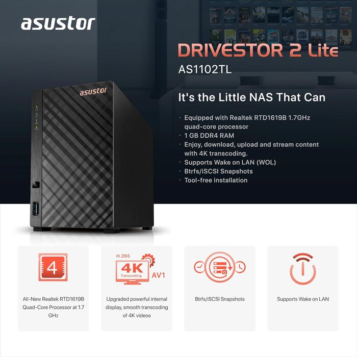 Asustor Drivestor 2 Lite AS1102TL: 2-байовий NAS корпус для мережевого зберігання даних, 1.7GHz Quad Core, 1GbE, 1GB DDR4 RAM