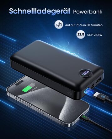 Power Bank 50000mAh з LED дисплеєм: Швидка зарядка 22.5W, USB-C, 3 виходи та 2 входи (Чорний)