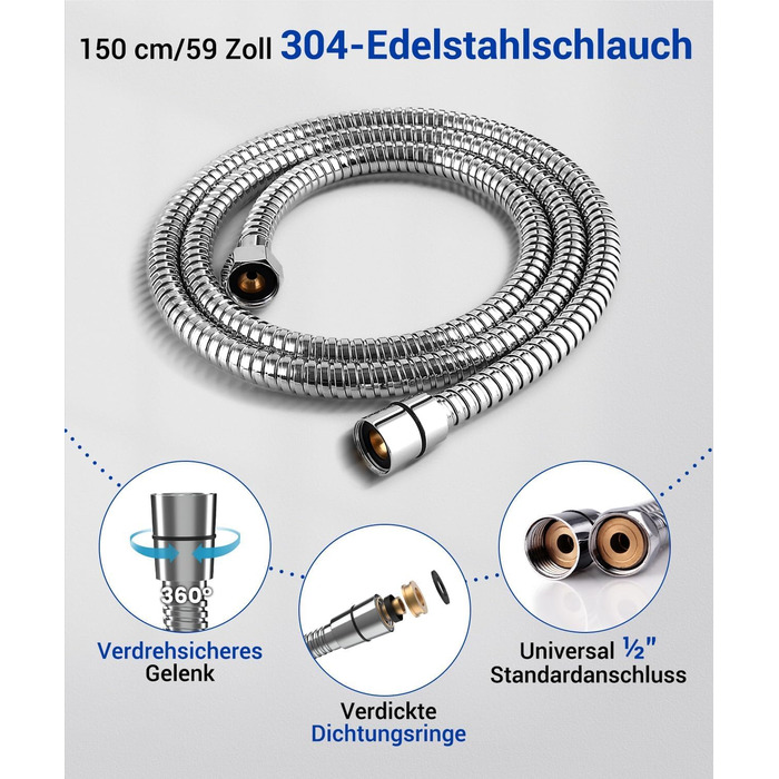 Набір для душу Newentor з шлангом 1,5 м, високий тиск, 6 режимів, срібляний (душова лійка, позолочений шланг)