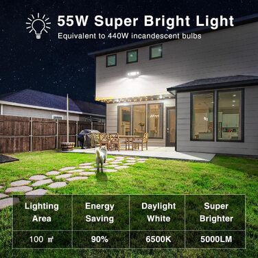 Onforu LED Floodlights with Motion Sensor Outdoor 55W, 5000 LM LED Floodlight, Outdoor Spotlight with Adjustable 3 Heads, 6500 K Cool White Spotlight, IP65 Waterproof Floodlight for Garage, Garden, Yard (Gray)