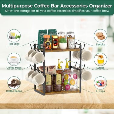 EsLuker.ly 2-Tier Mug Holder and Cup Stand, Mug Rack for Coffee Cups, Coffee Organizer for Countertop, Coffee Station Organizer with Mug Holder, Vintage Brown-Black