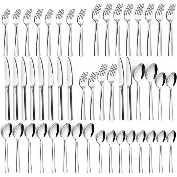 12-Piece Cutlery Set, 60-Piece Stainless Steel Cutlery Set, Eating Utensil Set with Knife, Fork, and Spoon, Stainless Steel Cutlery for Family/Party/Restaurant, High-Gloss Polished & Dishwasher Safe