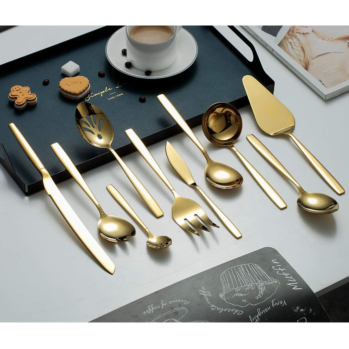 Berglander Gold Cutlery Serving Set, 10 Pieces, Stainless Steel Cutlery Serving Set with Gold Titanium Coating, Serving Spoon, Silver Serving Utensil, Rust Protection (10 Pieces)