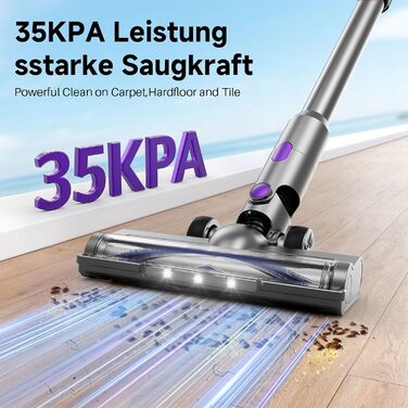 Бездротовий акумуляторний пилосос 35KPA/45Mins з LED-підсвічуванням, HEPA-фільтром та насадкою для підлоги, для тварин, килимів та твердих поверхонь, фіолетовий