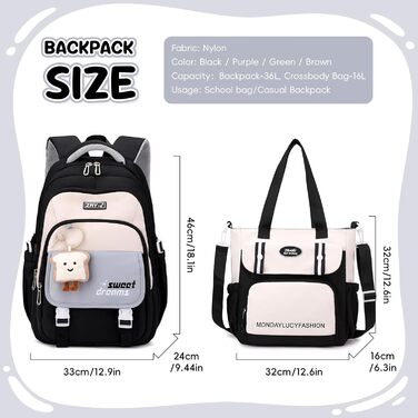 Шкільний рюкзак для дівчаток (3-7 клас), 36L, з сумкою через плече, чорний