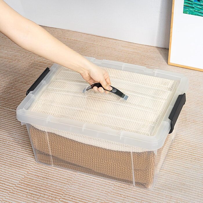 Cetomo Storage Boxes, Portable Plastic Boxes with Lids, Organizer Containers with Handle and Clips, Stackable, Nesting, for Home and Office, Transparent, 90L-3 Pack (35L*4)