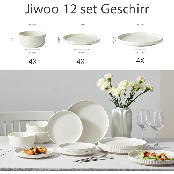 Набір посуду Jiwoo для 4 осіб (12 предметів): тарілки, супові миски, десертні тарілки - Bone China, сучасний дизайн, безпечно мити в посудомийній машині та використовувати в мікрохвильовці