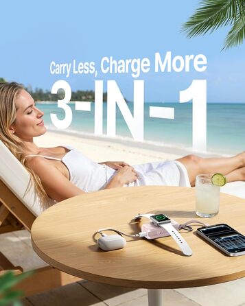 Power Bank INIU для Apple Watch, 5000mAh, вбудований кабель, LCD-дисплей, сумісний з iWatch 10/9/8/Ultra2/Ultra/SE, iPhone 16/15, рожевий