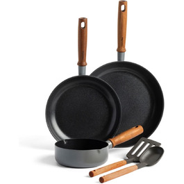 GreenPan Mayflower Pro Hard-Anodized Ceramic Non-Stick Coating, 5-Piece Cookware Set, Vintage Wood Handle, PFAS-Free, Induction-Compatible, Charcoal Gray Cookware Set 5-Piece