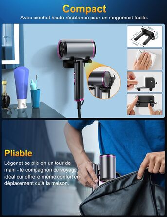 Фен Föhn 2400W з іонізацією, складний, для професійного та домашнього використання. Швидка сушка, гаряче/холодне повітря, мотор AC, дифузор, сумка (Сіро-фіолетовий)