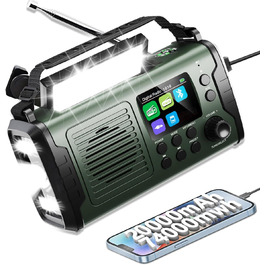 Радіо Kurbelradio на 20000mAh з Bluetooth, DAB/FM, сонячною панеллю, TF-карткою, AUX IN, TFT екраном, LED ліхтариком та SOS кнопкою (ArmyGreen)