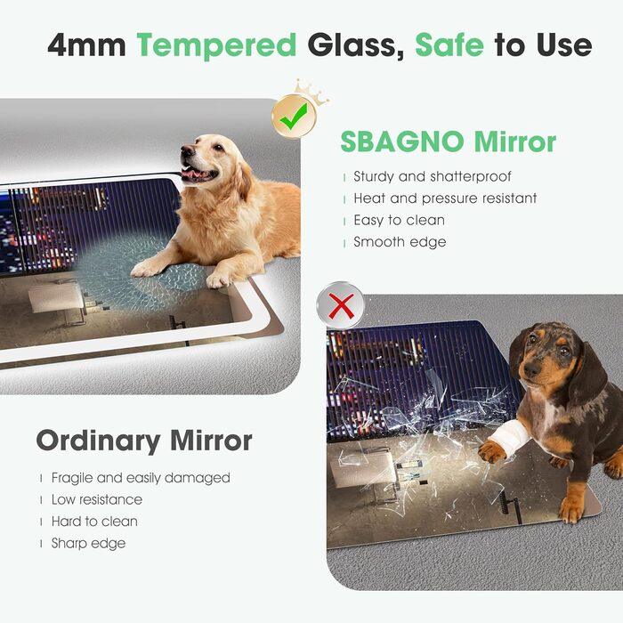 Дзеркало для ванної кімнати S'bagno з підсвічуванням 100x70 см, LED, з пам'яттю, антизапар, 3000K/4000K/6500K, регулювання яскравості, HD загартоване скло, IP44, Bluetooth (M55), горизонтальне/вертикальне