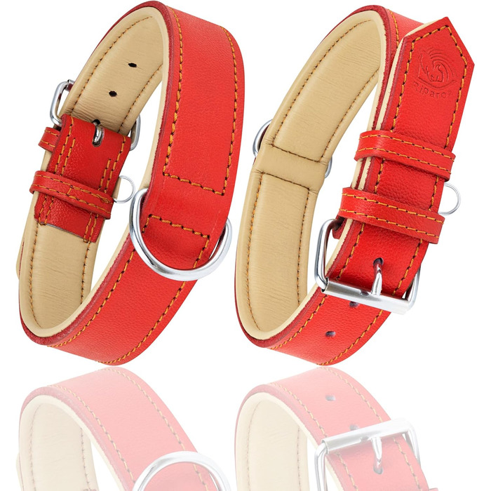 Нашийник для собак Riparo з натуральної шкіри, регульований, посилений, червоний (L, ширина 3,8 см, обхват 43,2-53,3 см)