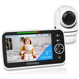 Відеоняня HelloBaby з 5-дюймовим екраном, розділеним на дві частини, акумулятор 30 годин, поворотна камера з нахилом та зумом, нічне бачення, ECO режим, двосторонній аудіо, 8 колискових, радіус дії 300 метрів, HB6550