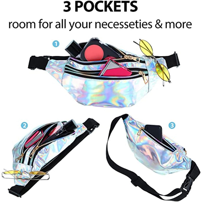 Сумка на пояс у стилі 80-х для жінок, лазерний дизайн, блискітки, регульований ремінь, водонепроникна, для відпочинку, подорожей, туризму (срібна)