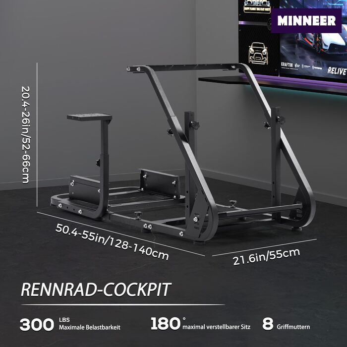 Ігровий кокпіт-симулятор Minneer Racing Simulator Cockpit для керма Logitech G923, G29, G920 та Thrustmaster T248, T300RS, регульована висота (педалі не входять)
