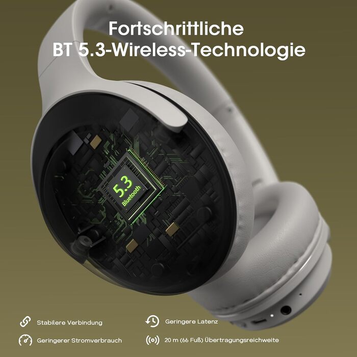 Бездротові навушники DOQAUS Bluetooth з тривалим часом роботи (70 годин), Over-Ear, Bluetooth 5.4, Hi-Fi стерео для подорожей, телефону та ПК (світло-сірий)