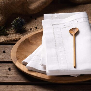 O'lucio Authentique Home Napkins with double hem, linen embroidered Swiss dots, White, 4 pieces, 45.7 x cm, handmade, linen fabric, napkins, natural material, machine washable