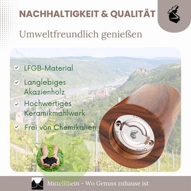 Дерев'яна мельниця для солі та перцю LORELEY® Mittelrhein Germany з керамічним механізмом – з підставкою та пензлем – у подарунковій коробці. Ідеальний подарунок на весілля або новосілля (Deluxe з нержавіючої сталі)