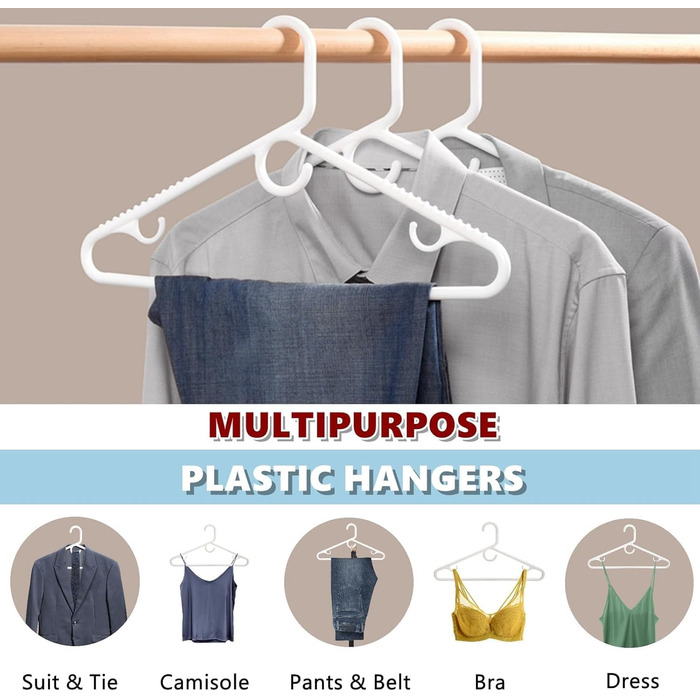 Amber Home 36-Piece 42.5cm Plastic Clothes Hangers, White Plastic Non-Slip Clothes Hangers for Coat, Jacket, and Shirt, Thick and Strong Plastic Clothes Hangers with Hooks for Scarves and Belts
