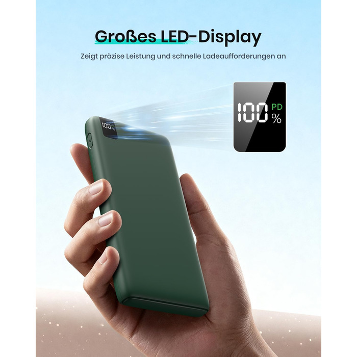 Power Bank ADDTOP 20000mAh 22.5W: Зовнішній акумулятор USB-C для iPhone 17/16/15/14/13/12/11, Samsung Galaxy, швидка зарядка, LED-індикатор, зелений