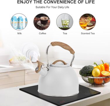 Чайник для плити Vegoran 3 літри зі свистком, з нержавіючої сталі з дерев'ястим декором, з ручкою-клямкою, для чаю, кави, молока (зелений) (білий/Розкішний сад)