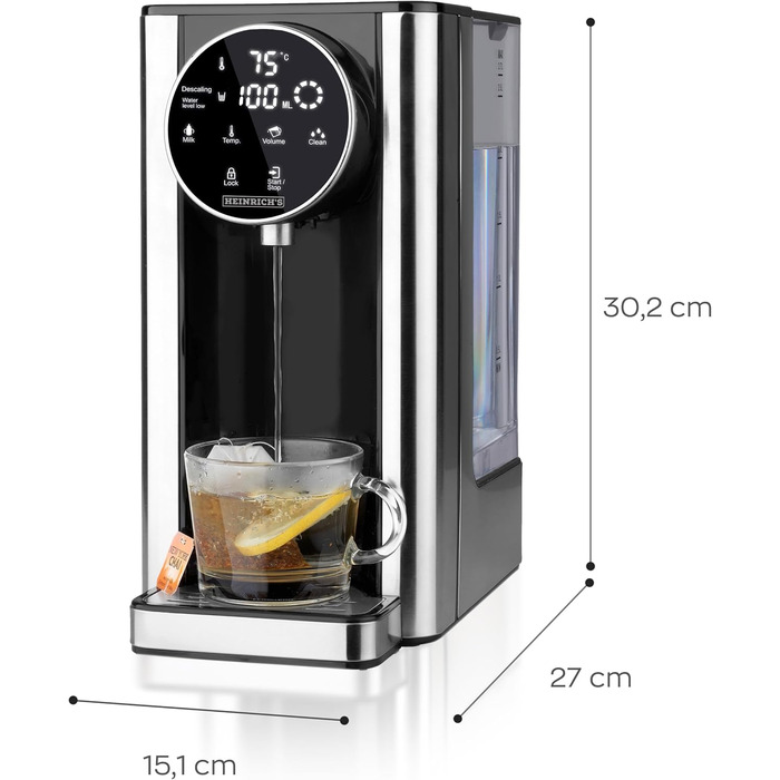 Heinrich's hot water dispenser: hot water at the touch of a button between 40°-100°C, water volume selectable from 100ml-400ml, suitable for baby food, incl. cleaning function + filter, touch display, 2.7