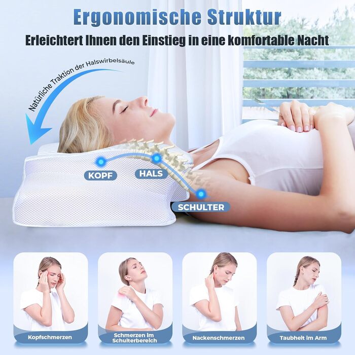 Подушка для шиї SAHEYER з Memory Foam, ортопедична, ергономічна, для сну на боці, біла, 60 x 35.5 x 10/13 см