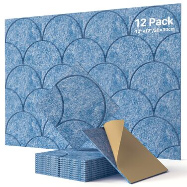 Акустичні панелі Soundsbay 12 шт., самоклеючі звукопоглинаючі плити з поліестеру для шумоізоляції та декору стін, 30x30x0.9 см, небесно-блакитний колір