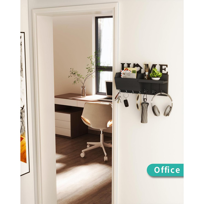 Держатель для ключів HapiRm з декором HOME, дерев'яне ключникове дошка з 7 гачками, з полицею. Підходить для входу, дверей, коридору, спальні, офісу (чорний)