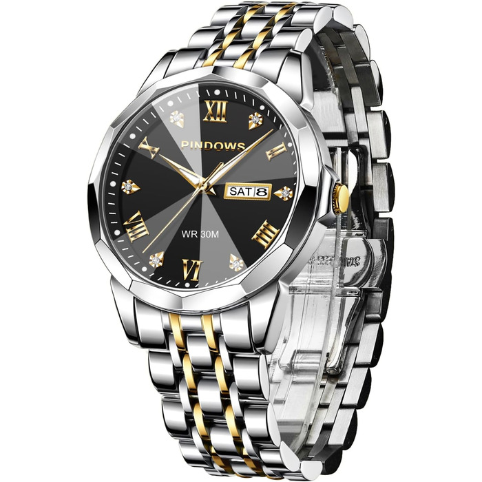 Годинник чоловічий PINDOWS Luxus Quarz з датою та великим циферблатом, водонепроникний, стильний бізнес-годинник. Елегантний двоколірний класичний годинник з нержавіючої сталі з підсвічуванням та календарем. Артикул: De650n2. Срібний браслет, чорний циферблат.