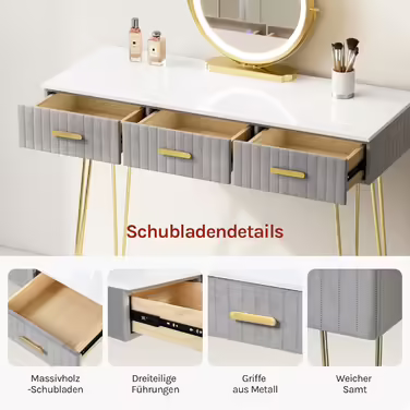 WOLTU Vanity Table with Mirror and Stool, Dressing Table with 3 Drawers Made of Solid Wood, Large High-Gloss Tabletop, Modern Cosmetic Table from Velvet and Metal, White, MB6080gr (Grey, 100x40cm with LED Lighting)