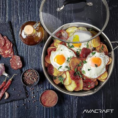 Сковорода з нержавіючої сталі AVACRAFT 18/10 Tri-Ply з кришкою, виливами, Cool-Touch ручкою, для індукційних плит, 25 см