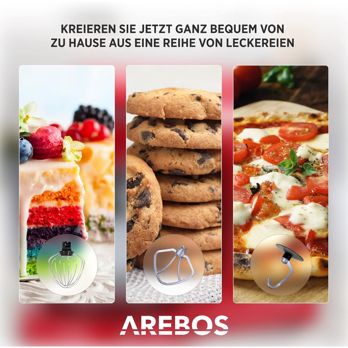 Arebos Kitchen Machine 1500W with 6L Stainless Steel Mixing Bowl | White-Rose Gold | Includes Dough Hook, Beater, Whisk | Splash Guard | 6 Speeds | Stand Mixer | Dough Machine