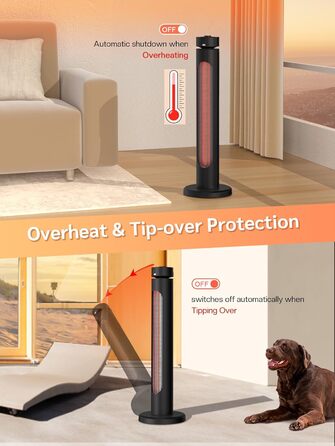 Інфрачервовий обігрівач 1500W для тераси та вулиці: 8 режимів, осциляція 75°, IP65, з пультом та таймером, чорний