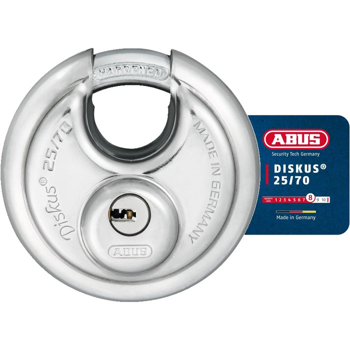 Замок дисковий ABUS Diskus 25/70, нержавіючий, 5 ключів, антикорозійний, рівень безпеки 8, сріблястий