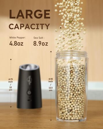 Електричний набір для солі та перцю Sangcon Gravity, 255г, USB-зарядка, LED-підсвітка, регулювання помелу, автоматичний млин (чорний)