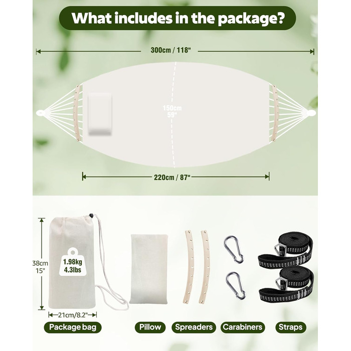 Гніздо-гамак для відпочинку Chihee з бавовни, 300x150 см, до 300 кг, з подушкою та стропами