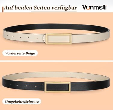 Жіночий ремінь VONMELLI вузький двосторонній шкіряний, чорний/бежевий, 120 см (талія 93-103 см) для суконь, джинсів, штанів із золотою пряжкою