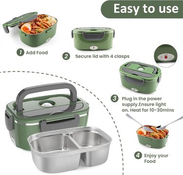 Electric Lunch Box 100W, 3-in-1 Portable Heated Lunch Box, 1.5L Stainless Steel Removable Food Container, 12V/24V/220V Insulated Food Warmer Box for Car/Truck/Office (Green & Gray, 1.5 L)