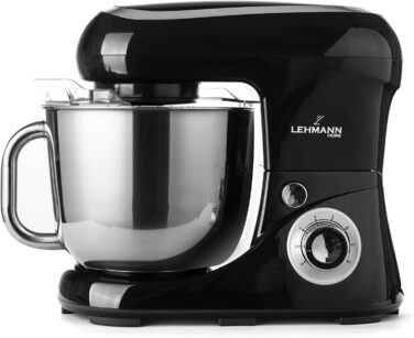 Lehmann Planetary Kitchen Machine with Stainless Steel Bowl 5 L, Multifunction Mixer 2200 W, 6 Speed Dough Machine, incl. Splash Guard, Dough Hook and Whisk (Black)