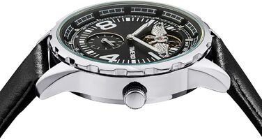 TIME100 Автоматичний годинник для чоловіків: водонепроникний, зі світлодіодами, серія Pilot, Angel Wing, бізнес-стиль, механічний годинник з шкіряним/силіконовим ремінцем, скелетний дизайн (чорний/сріблястий)