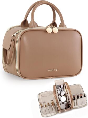 Косметичка для макіяжу велика містка з водонепроникним покриттям та ручкою (Колір: Коричневий, Комплект L-Full)
