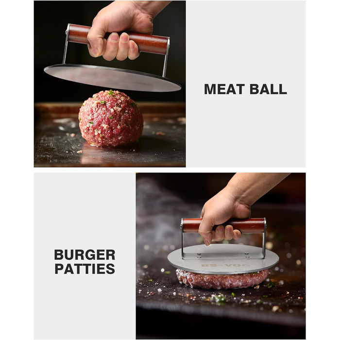 Пресс для бургера з нержавіючої сталі з дерев'яною ручкою, 15.24 см - Burger Smasher для м'яса, котлет, стейка, бекону, подарунковий набір