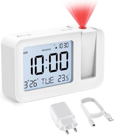 CHEREEKI Projection Alarm Clock, Alarm Clock with Indoor Temperature, 4 Adjustable Projection Brightness, 9-Minute Snooze Function, Digital Alarm Clock Suitable for Office and Bedroom