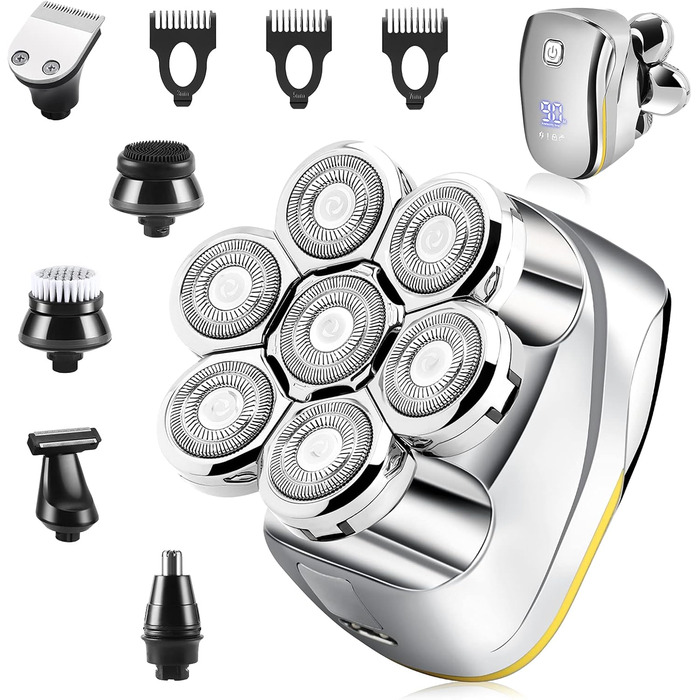 Електричний гоління для чоловіків Glatzen: 7D плаваюча головка для гоління, ротаційний гоління 6 в 1, багатофункціональний гоління для голої голови, вологостійкий, триммер для бороди, носа та вусів, набір для догляду, золотий